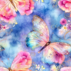 Magical Fantasy Multicolor Pink and Blue Butterflies with Flowers