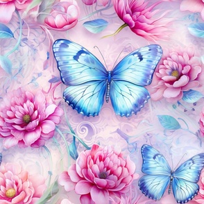 Magical Fantasy Shining Blue  Butterflies with Pink Flowers