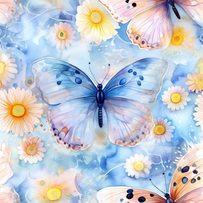 Magical Fantasy Pastel Blue  Butterflies with Yellow Flowers