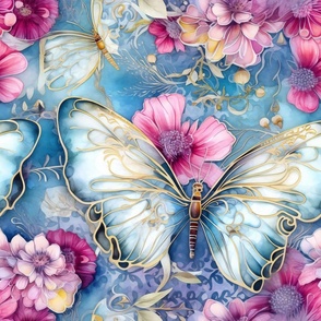 Magical Fantasy Glowing Pastel Blue and White Butterflies with Pink Flowers