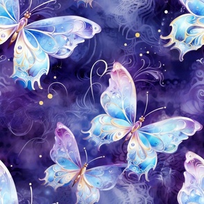 Magical Fantasy Glowing Blue and Purple Butterflies with Swirls and Fairy Lights