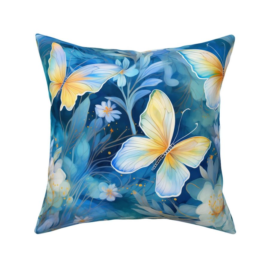 Magical Fantasy Yellow and Blue Butterflies with Flowers