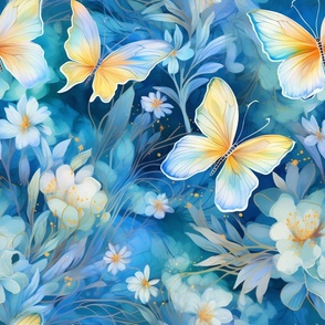 Magical Fantasy Yellow and Blue Butterflies with Flowers