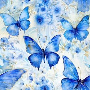 Magical Fantasy Electric Blue Butterflies with Flowers