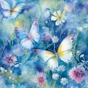 Magical Fantasy Pastel Blue Butterflies with Flowers