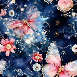 Magical Fantasy Pink and Blue Butterflies with Flowers and Fairy Lights