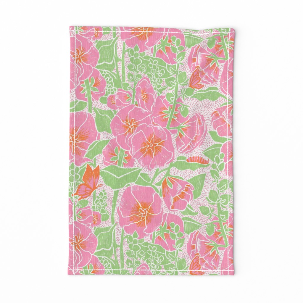 French Country Hollyhock in Preppy Pink and Green