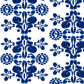 Ikat damask bohemian blue and white large scale