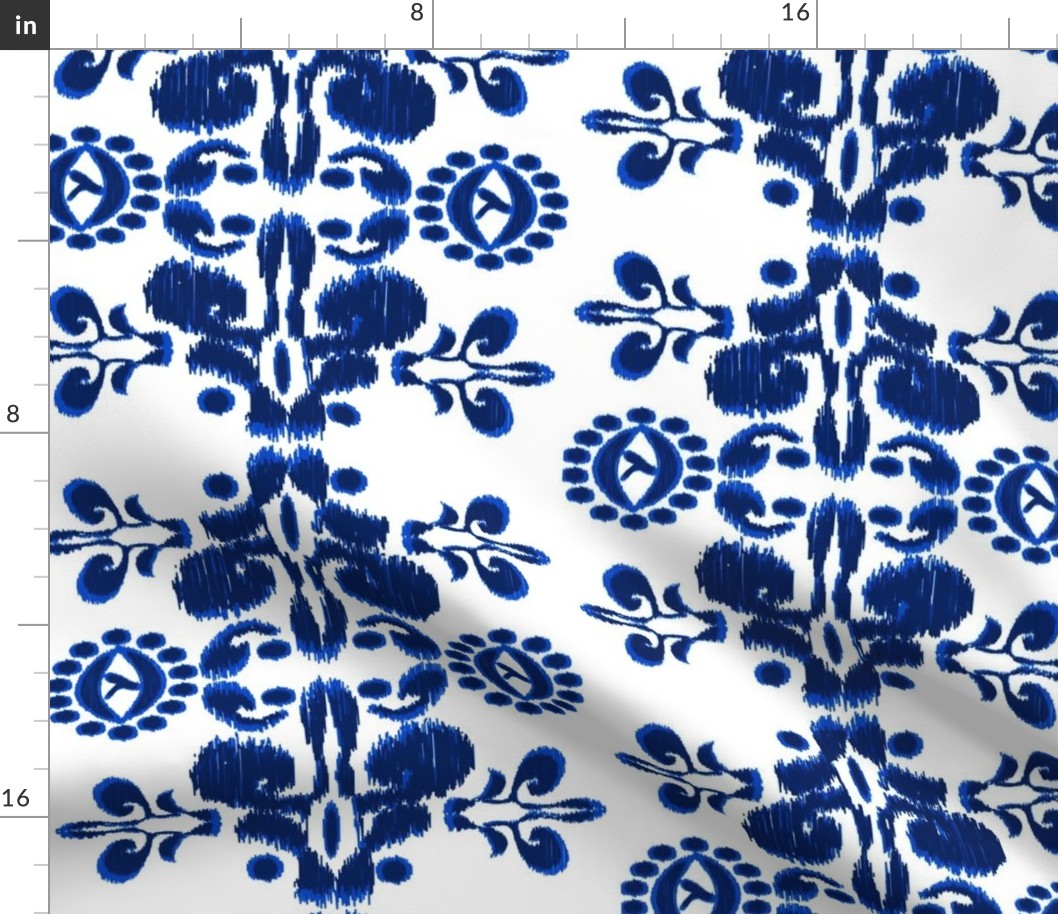 Ikat damask bohemian blue and white large scale