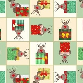Green Red Cartoon Reindeer and Presents Patchwork