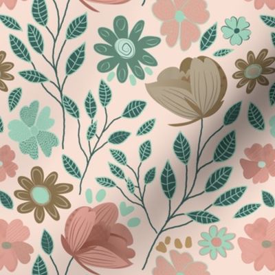 Vintage florals in pastel colors - a botanical garden in mint green, muted brown and shades of coral