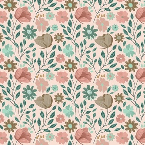 Vintage florals in pastel colors - a botanical garden in mint green, muted brown and shades of coral