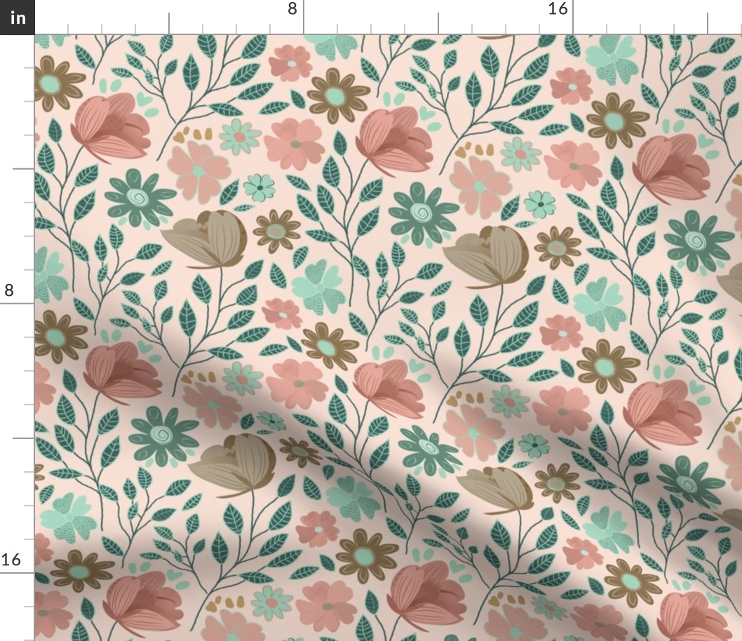 Vintage florals in pastel colors - a botanical garden in mint green, muted brown and shades of coral