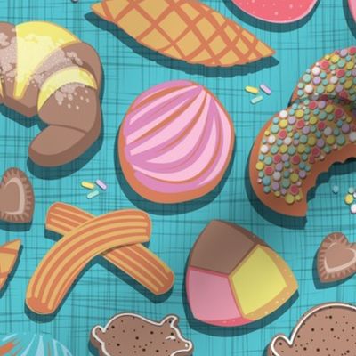 Normal scale // Mexican Sweet Bakery Frenzy //  blue background // pastel colors pan dulce