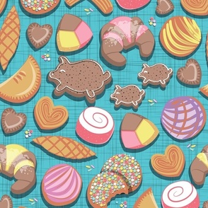 Normal scale // Mexican Sweet Bakery Frenzy //  blue background // pastel colors pan dulce