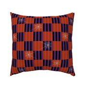Spooky-Cute Halloween Checkered Spiderwebs on Pumpkin Orange with Purple and Black Stripes