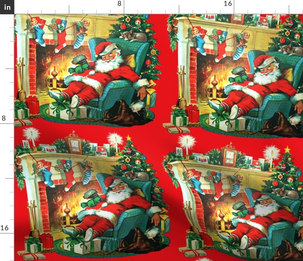 3 merry Christmas xmas Santa Claus cards trees fireplace mantel sleeping resting napping gifts presents red living room stocking dolls teddy bears baubles candy canes cats sofa candles vintage retro kitsch  