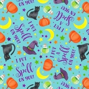 Small-Medium Scale I Put a Spell On You Halloween Pumpkins Witch Hats and Black Cats on Aqua Blue