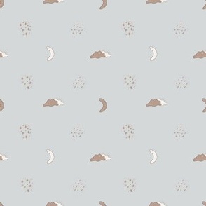 Small – night sky with moon, stars & clouds – baby blue, off-white, beige