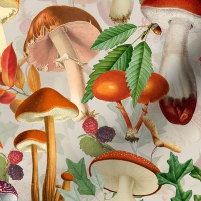 nostalgic toxic mushrooms dance in the forest on dark moody florals - vintage fall home decor, antique wallpaper fabric- Psychadelic Mushroom Wallpaper- light beige 