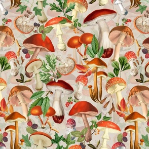 nostalgic toxic mushrooms dance in the forest on dark moody florals - vintage fall home decor, antique wallpaper fabric- Psychadelic Mushroom Wallpaper- light beige 