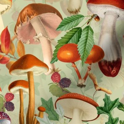 nostalgic toxic mushrooms dance in the forest on dark moody florals - vintage fall home decor, antique wallpaper fabric- Psychadelic Mushroom Wallpaper -light green