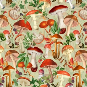 nostalgic toxic mushrooms dance in the forest on dark moody florals - vintage fall home decor, antique wallpaper fabric- Psychadelic Mushroom Wallpaper -light green