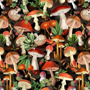 nostalgic toxic mushrooms dance in the forest on dark moody florals - vintage fall home decor, antique wallpaper fabric- Psychadelic Mushroom Wallpaper- black 