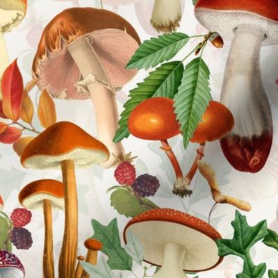 nostalgic toxic mushrooms dance in the forest on dark moody florals - vintage fall home decor, antique wallpaper fabric- Psychadelic Mushroom Wallpaper- off white