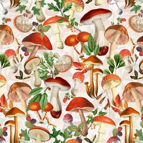 nostalgic toxic mushrooms dance in the forest on dark moody florals - vintage fall home decor, antique wallpaper fabric- Psychadelic Mushroom Wallpaper- off white