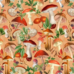 nostalgic toxic mushrooms dance in the forest on dark moody florals - vintage fall home decor, antique wallpaper fabric- Psychadelic Mushroom Wallpaper- soft orange