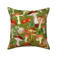 nostalgic toxic mushrooms dance in the forest on dark moody florals - vintage fall home decor, antique wallpaper fabric- Psychadelic Mushroom Wallpaper - shiny green
