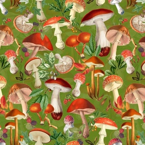 nostalgic toxic mushrooms dance in the forest on dark moody florals - vintage fall home decor, antique wallpaper fabric- Psychadelic Mushroom Wallpaper - shiny green