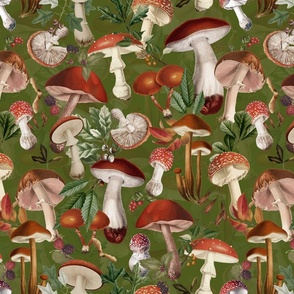 nostalgic toxic mushrooms dance in the forest on dark moody florals - vintage fall home decor, antique wallpaper fabric- Psychadelic Mushroom Wallpaper- sepia green