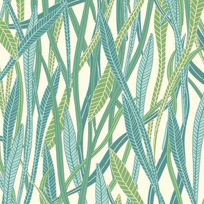 Large scale handpainted jungle wild grass green, blue and beige