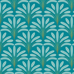 Large Teal Tropical Leaves in Art Deco Style