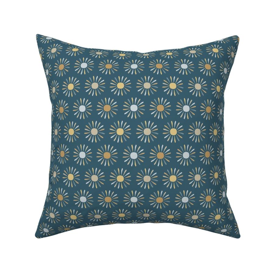 Hand Drawn Simple Multi-Coloured Boho Suns on Petrol Blue