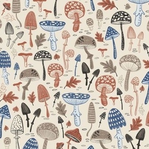 Fall mushrooms and leaves wallpaper,  cream background, small scale