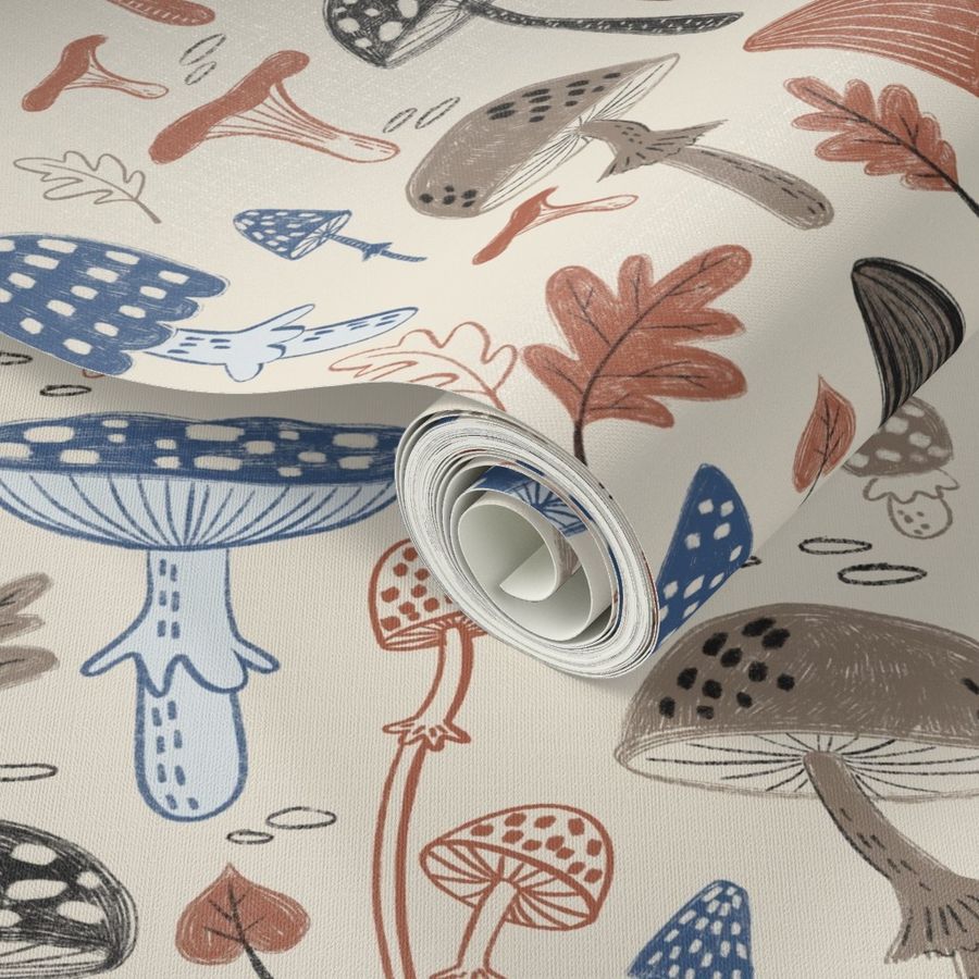 Cozy Fall Mushrooms Pattern: featuring red, grey and blue mushrooms on cream, medium scale