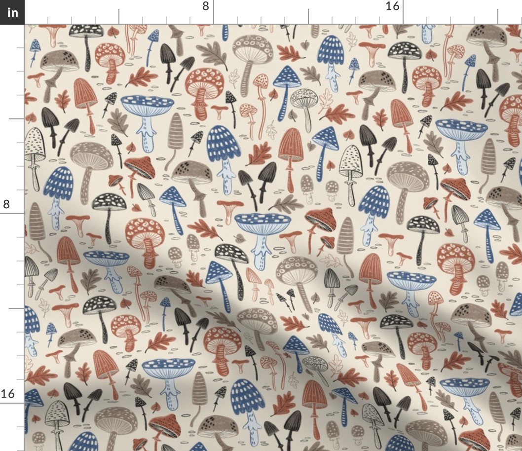 Cozy Fall Mushrooms Pattern: featuring red, grey and blue mushrooms on cream, medium scale