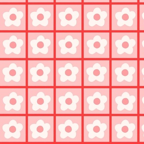 Flower Grid Red and Pink / Floral Checkerboard Pink and Red