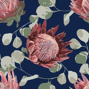 King protea & Eucalyptus leaves on Navy Medium scale 8 x 8