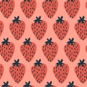Illustrated Graphic Strawberries on Coral with Navy Stems 