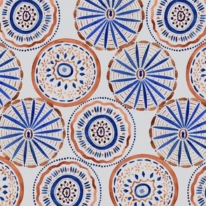 Decorative Hand Painted Patterned Circles Cobalt Blue And Rust Orange Small