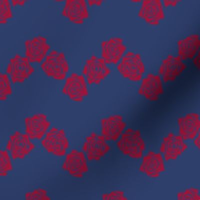 S Roses – Crimson Red Rose on Indigo Blue - Classic Chevron Stripes – ZigZag – Horizontal stripes - Mid Century Modern inspired (MOD) - Vintage – Minimal Florals - Geometric Floral