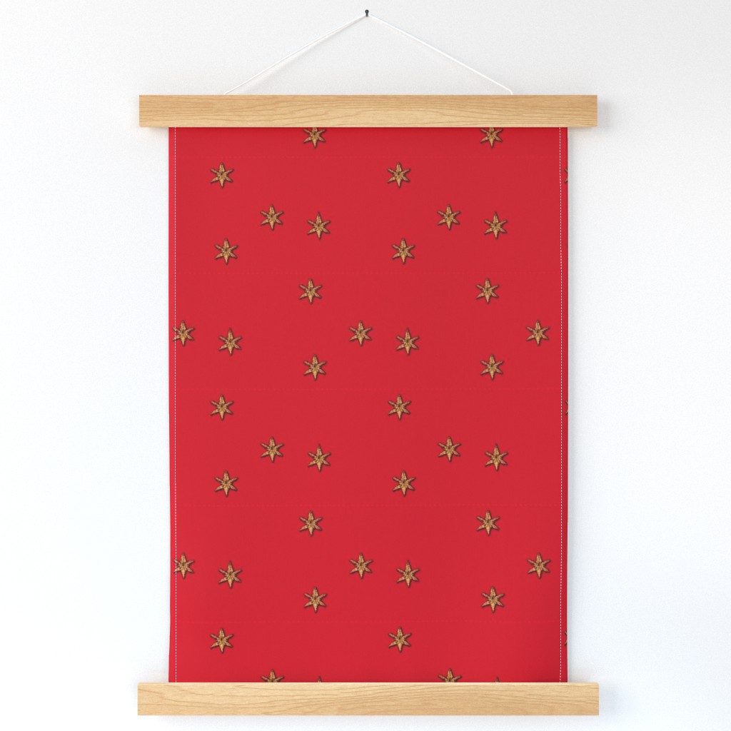 Red Christmas - Gold Stars Embroided