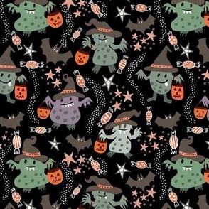 Whimsical trick or treat Halloween monsters on black small scale