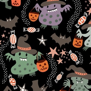 Whimsical trick or treat Halloween monsters on black wallpaper scale