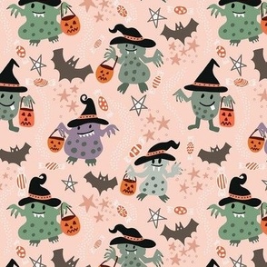 Whimsical trick or treat Halloween monsters on coral small scale