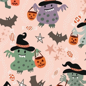 Whimsical trick or treat Halloween monsters on coral wallpaper scale